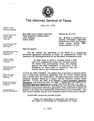 Texas Attorney General Opinion: H-1194