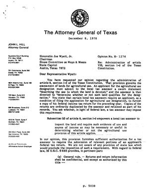 Texas Attorney General Opinion: H-1274