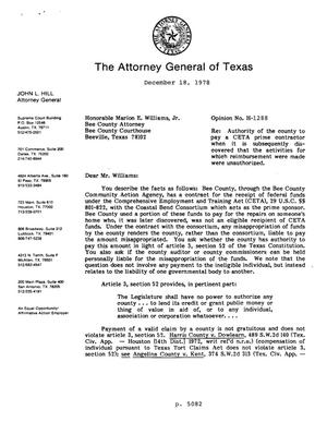 Texas Attorney General Opinion: H-1288