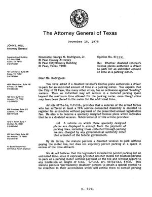 Texas Attorney General Opinion: H-1291