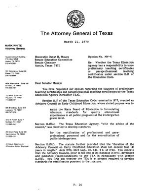 Texas Attorney General Opinion: MW-6