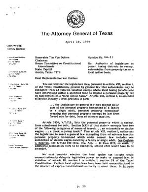Primary view of object titled 'Texas Attorney General Opinion: MW-11'.