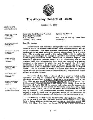 Texas Attorney General Opinion: MW-62