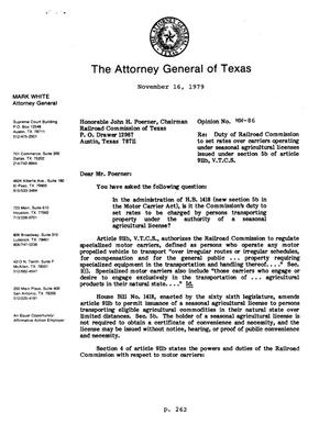 Texas Attorney General Opinion: MW-86