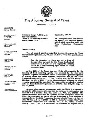Texas Attorney General Opinion: MW-99