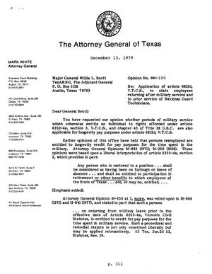 Texas Attorney General Opinion: MW-100