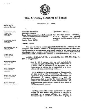 Texas Attorney General Opinion: MW-111