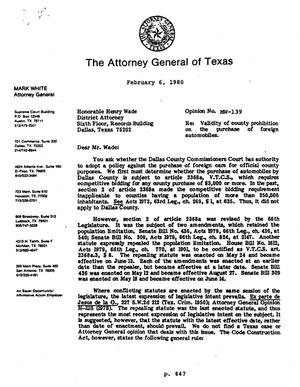 Texas Attorney General Opinion: MW-139