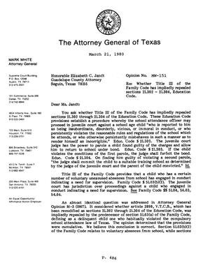 Texas Attorney General Opinion: MW-151