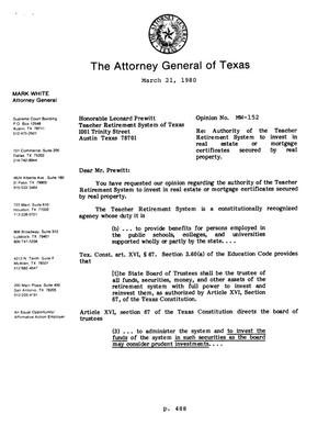 Texas Attorney General Opinion: MW-152