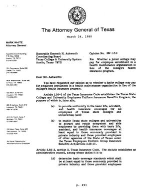 Primary view of object titled 'Texas Attorney General Opinion: MW-153'.
