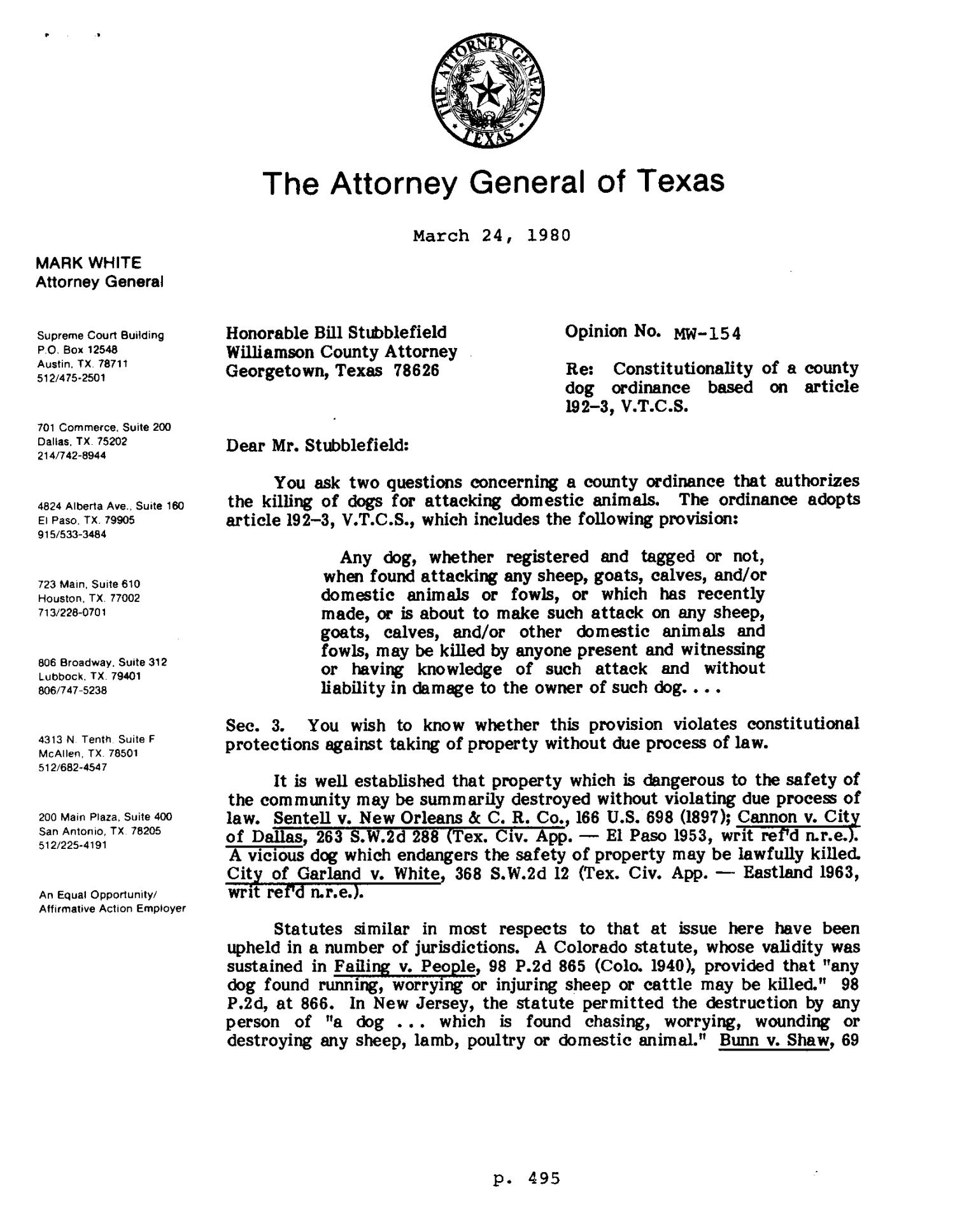 Texas Attorney General Opinion: MW-154
                                                
                                                    [Sequence #]: 1 of 4
                                                