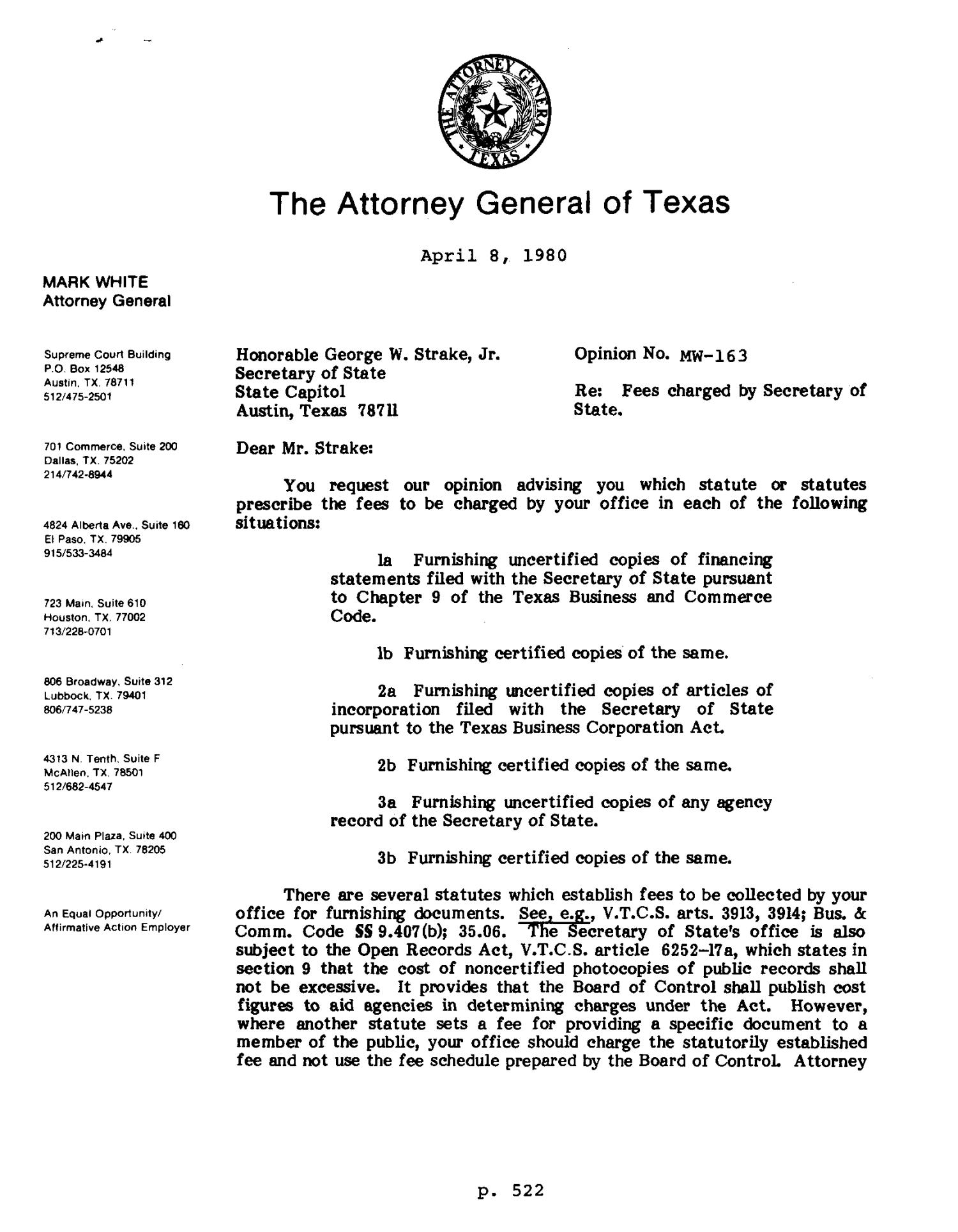 Texas Attorney General Opinion: MW-163
                                                
                                                    [Sequence #]: 1 of 3
                                                