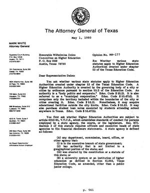 Texas Attorney General Opinion: MW-177