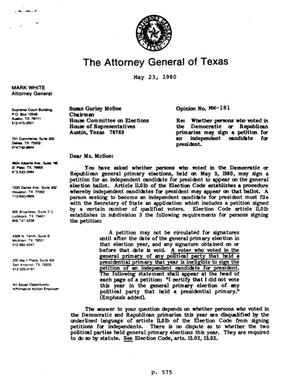 Texas Attorney General Opinion: MW-181