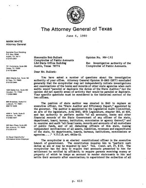 Texas Attorney General Opinion: MW-192