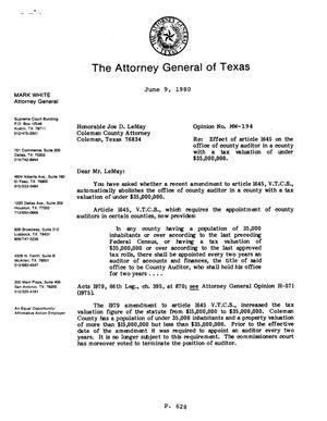 Texas Attorney General Opinion: MW-194