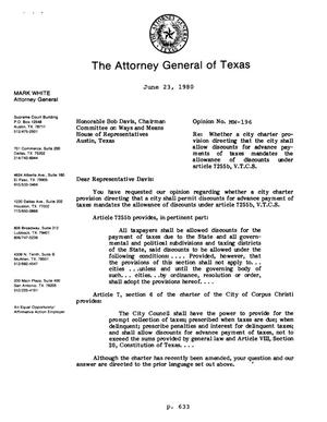 Texas Attorney General Opinion: MW-196