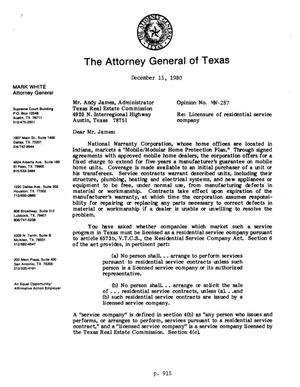 Texas Attorney General Opinion: MW-287