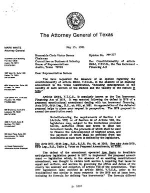 Texas Attorney General Opinion: MW-337