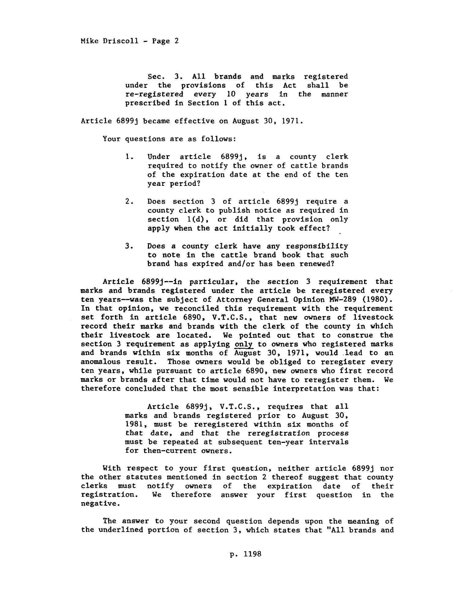 Texas Attorney General Opinion: MW-358
                                                
                                                    [Sequence #]: 2 of 4
                                                
