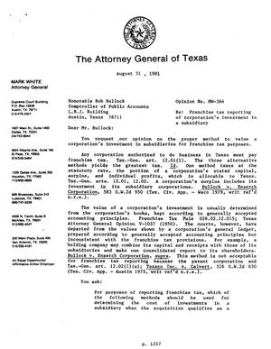 Texas Attorney General Opinion: MW-364