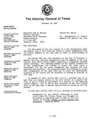 Texas Attorney General Opinion: MW-401