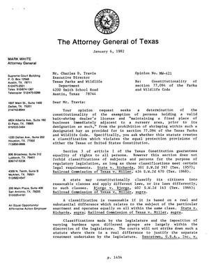 Texas Attorney General Opinion: MW-421