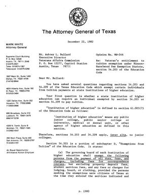 Primary view of object titled 'Texas Attorney General Opinion: MW-546'.