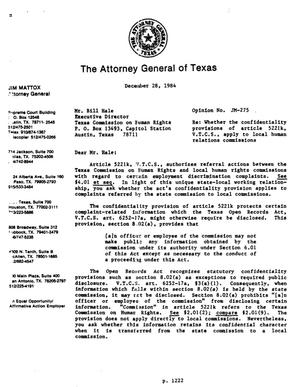 Texas Attorney General Opinion: JM-275