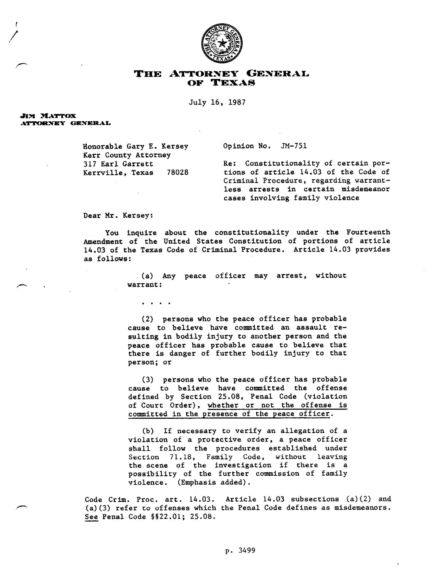 Texas Attorney General Opinion JM751 Page 1 of 7 The Portal to