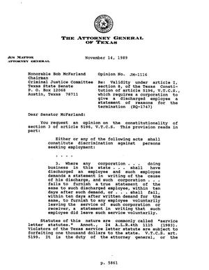 Primary view of object titled 'Texas Attorney General Opinion: JM-1116'.
