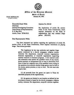 Primary view of object titled 'Texas Attorney General Opinion: DM-83'.