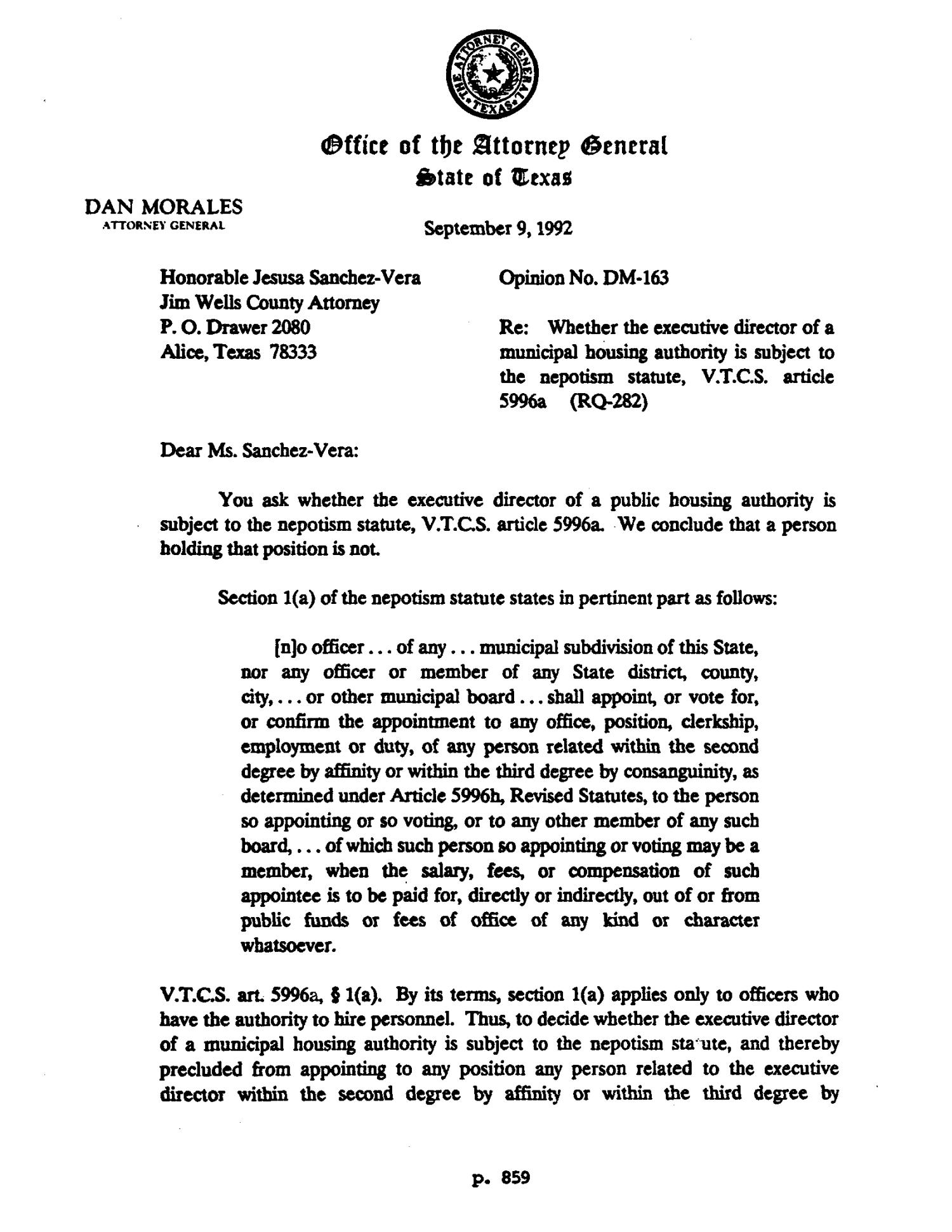 Texas Attorney General Opinion: DM-163
                                                
                                                    [Sequence #]: 1 of 3
                                                
