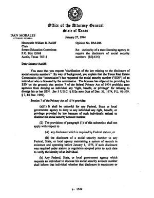 Primary view of object titled 'Texas Attorney General Opinion: DM-286'.