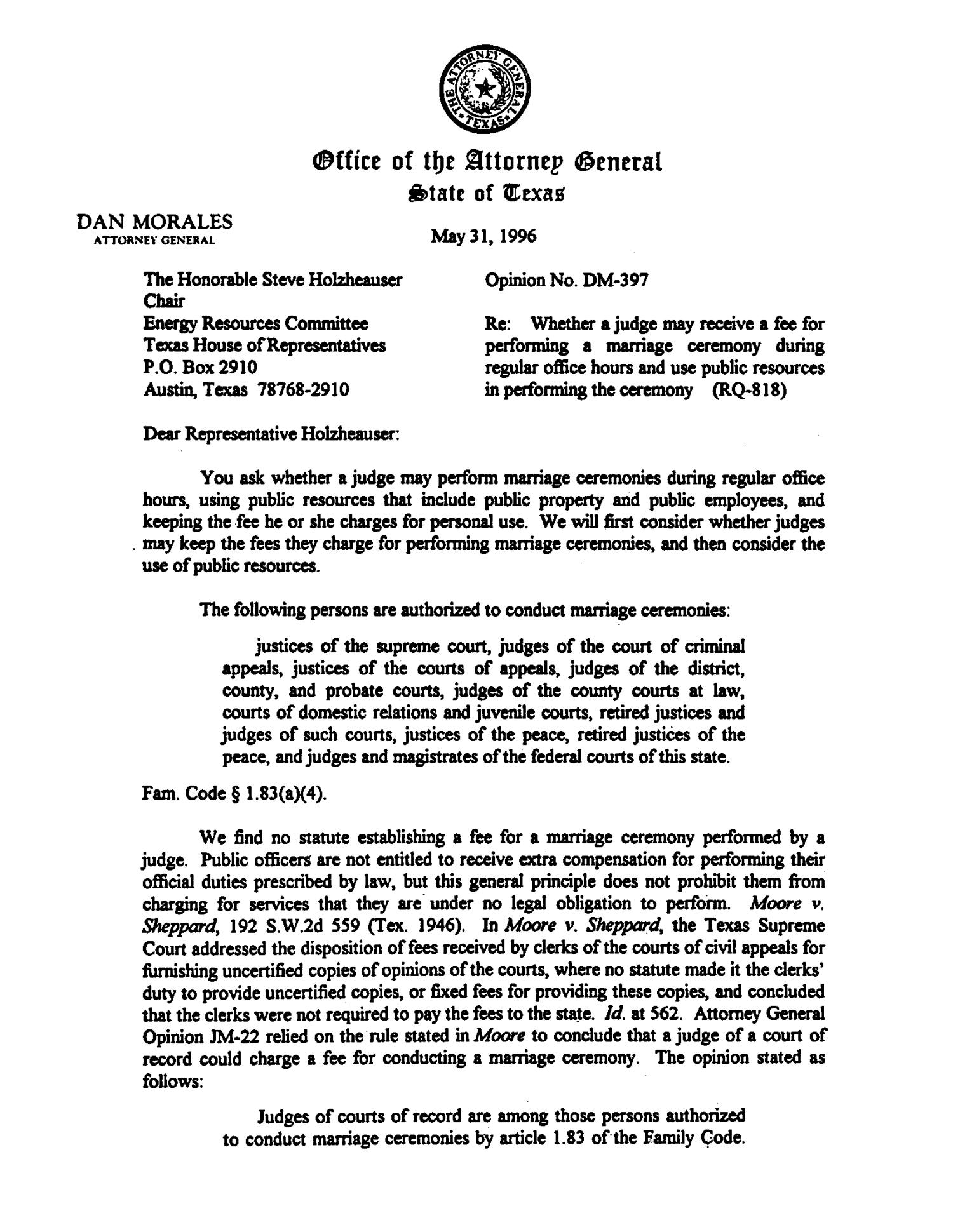 Texas Attorney General Opinion: DM-397
                                                
                                                    [Sequence #]: 1 of 7
                                                