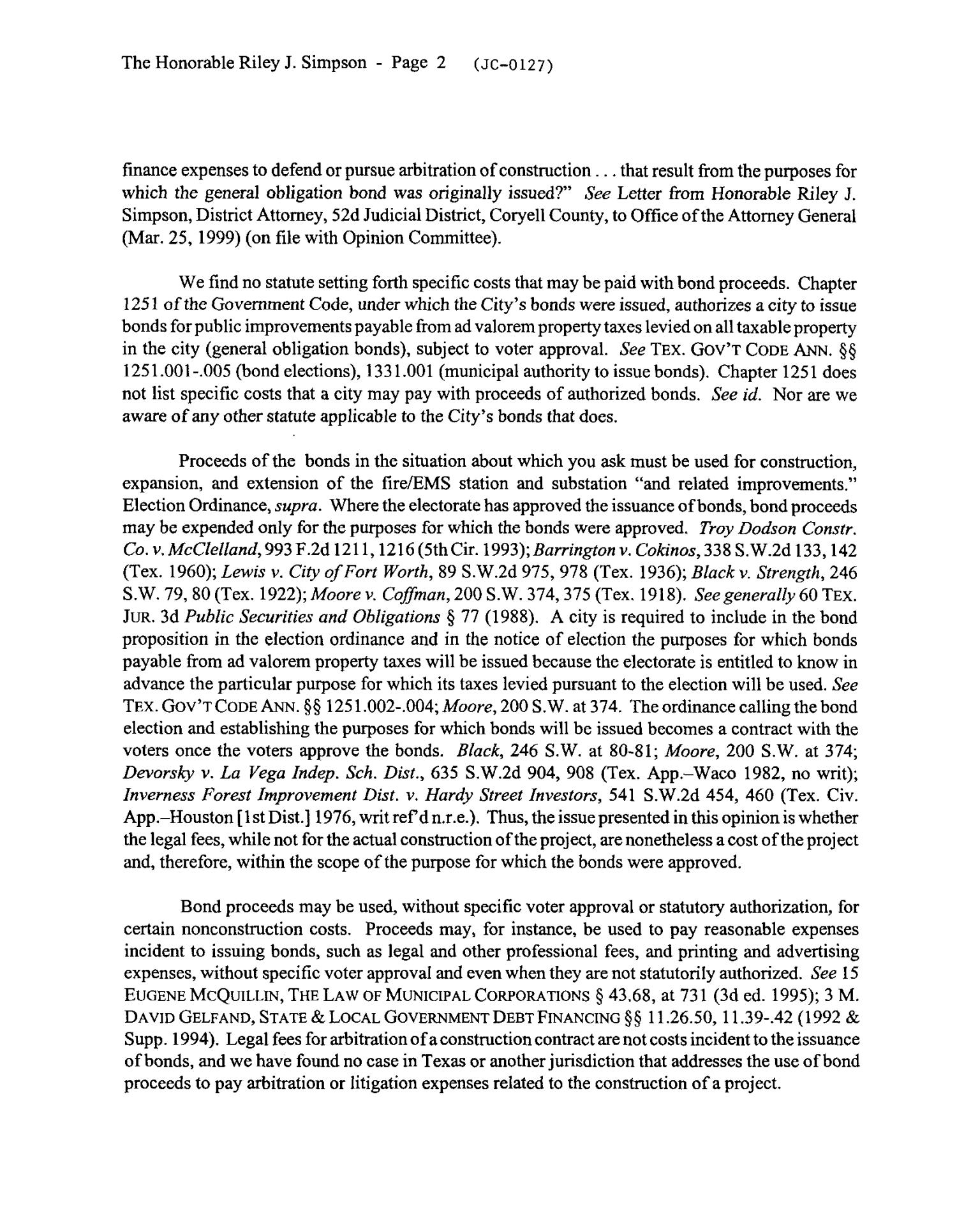 Texas Attorney General Opinion: JC-127
                                                
                                                    [Sequence #]: 2 of 6
                                                