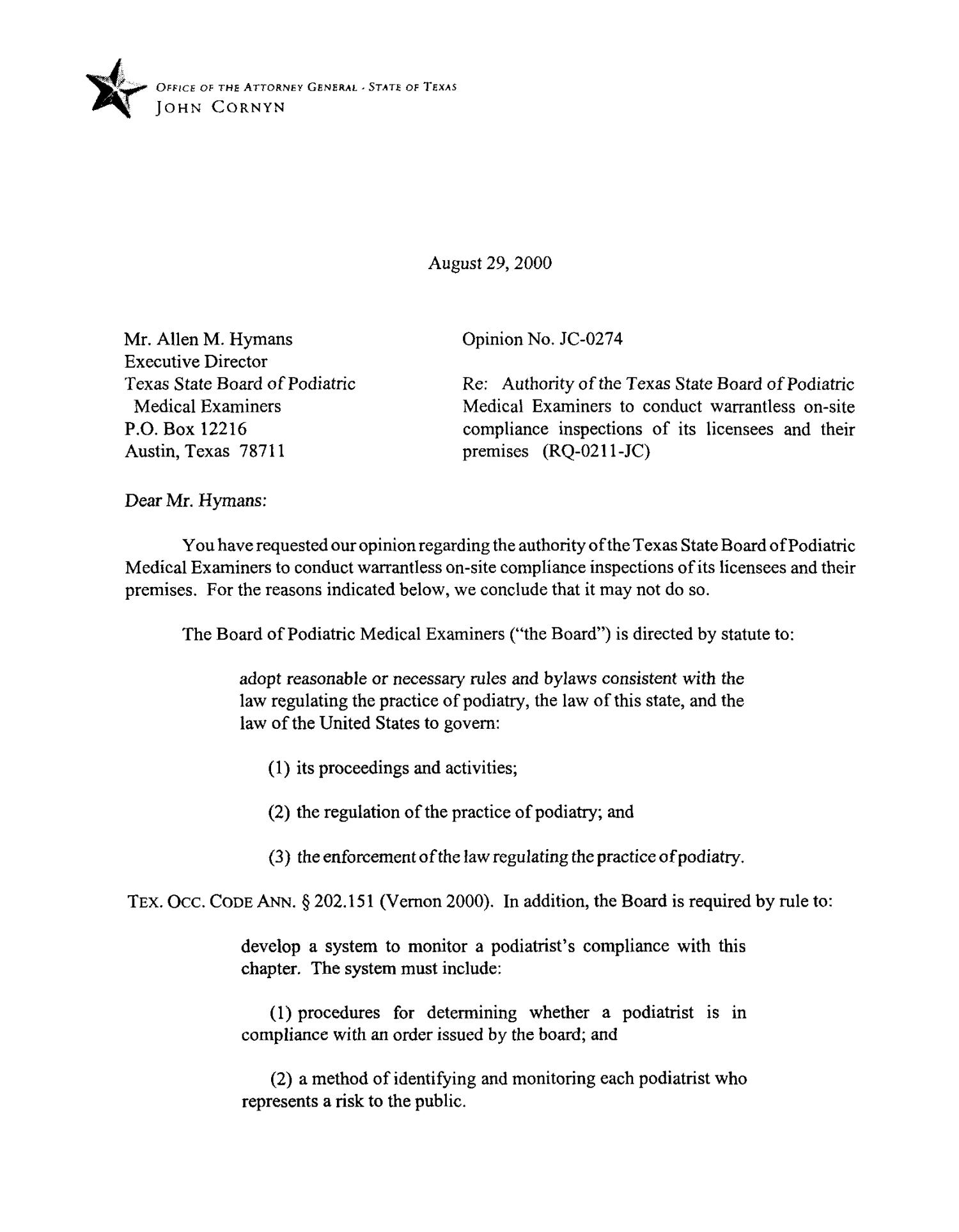 Texas Attorney General Opinion: JC-274
                                                
                                                    [Sequence #]: 1 of 5
                                                