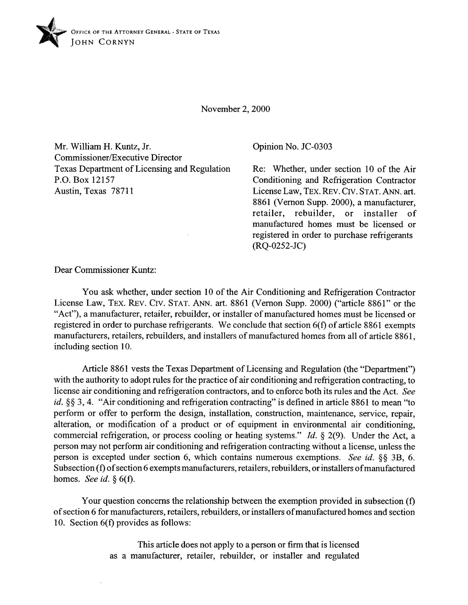 Texas Attorney General Opinion: JC-303
                                                
                                                    [Sequence #]: 1 of 4
                                                