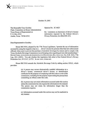 Primary view of Texas Attorney General Opinion: JC-423
