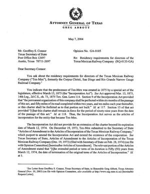 Primary view of object titled 'Texas Attorney General Opinion: GA-0185'.