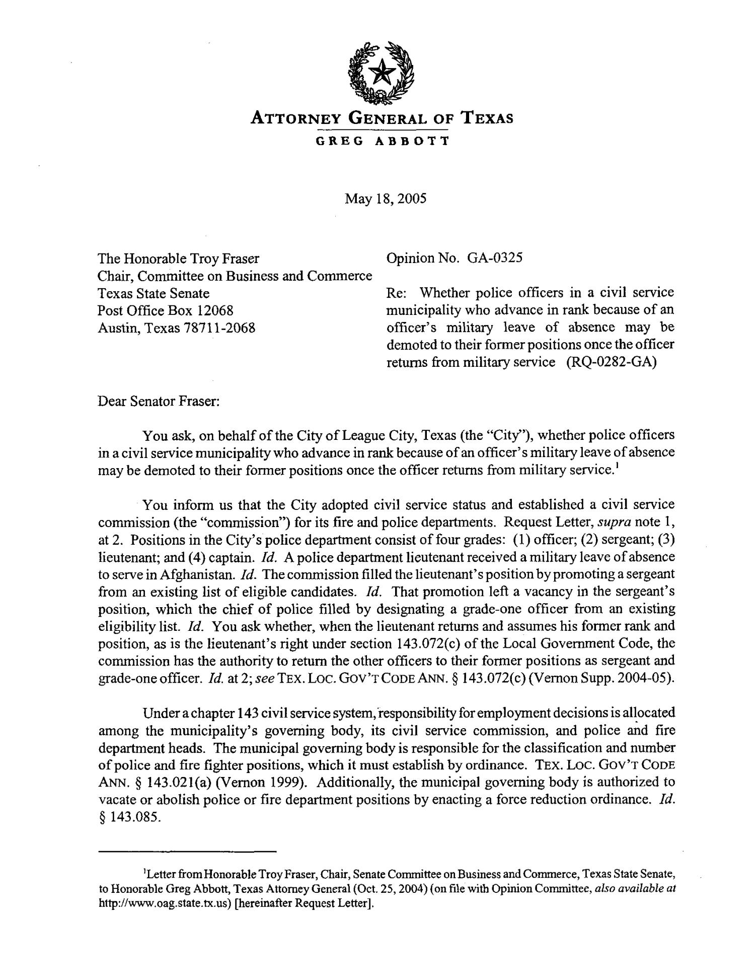 Texas Attorney General Opinion: GA-0325
                                                
                                                    [Sequence #]: 1 of 4
                                                