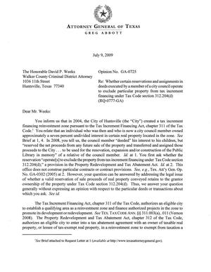 Primary view of object titled 'Texas Attorney General Opinion: GA-0725'.