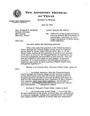 Texas Attorney General Opinion: MS-67