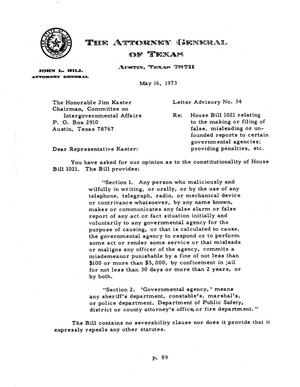 Primary view of object titled 'Texas Attorney General Opinion: LA-34'.