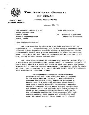 Texas Attorney General Opinion: LA-71