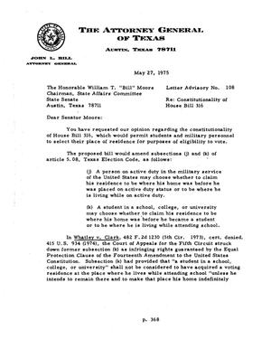 Primary view of object titled 'Texas Attorney General Opinion: LA-108'.