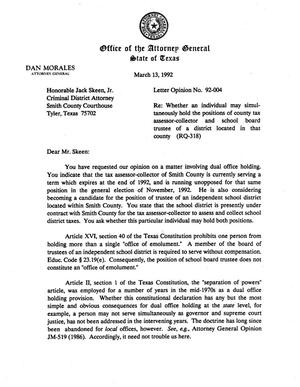Texas Attorney General Opinion: LO92-004