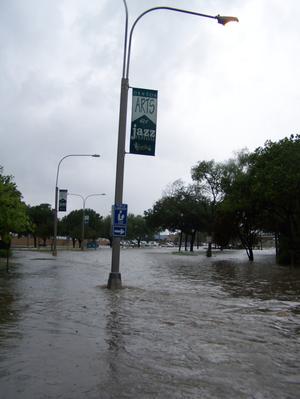 Photograph of Flood waters at the Denton Public Library, Emily Fowler Central Library]