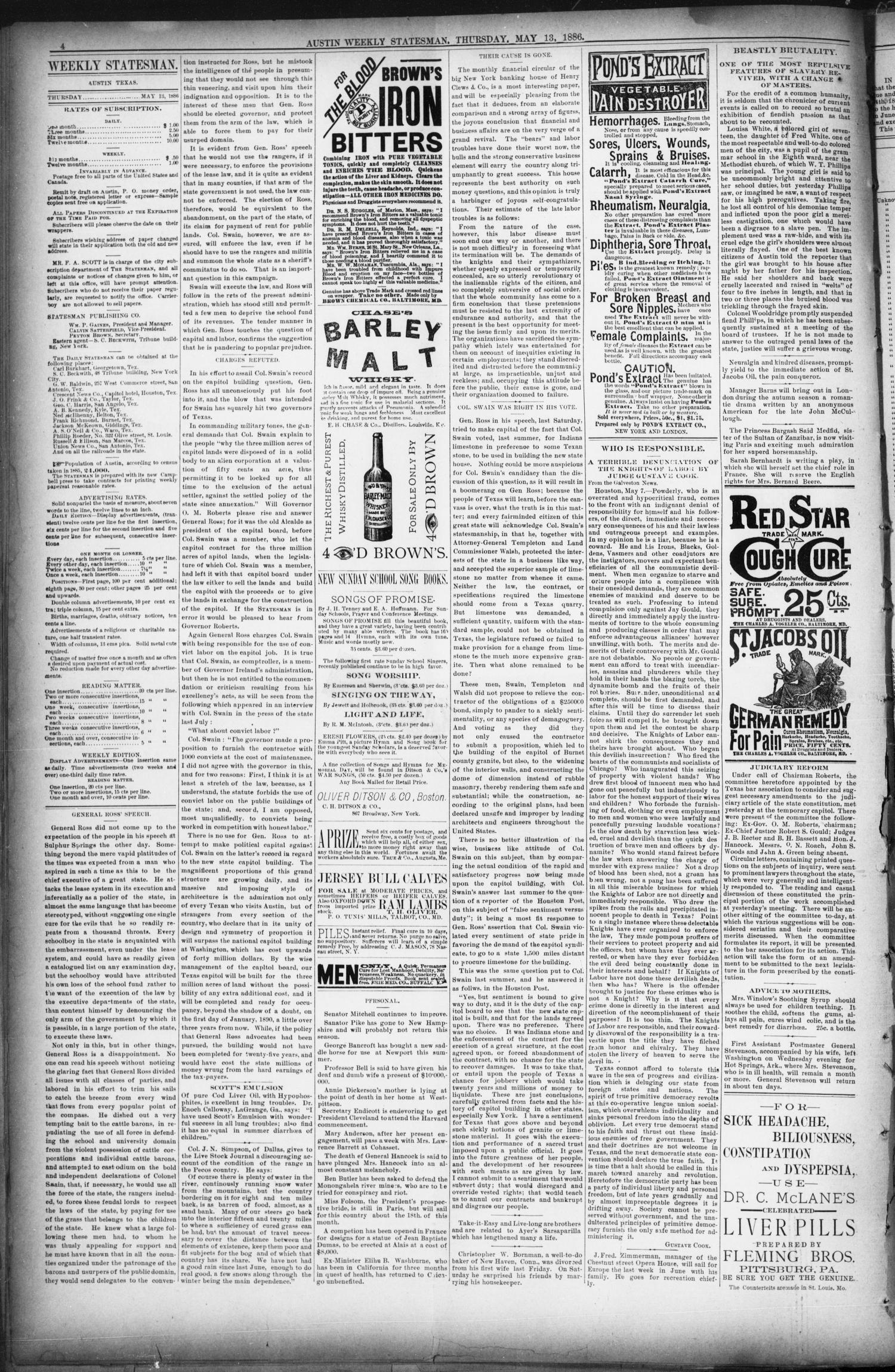 Austin Weekly Statesman. (Austin, Tex.), Vol. 15, No. 25, Ed. 1 Thursday, May 13, 1886
                                                
                                                    [Sequence #]: 4 of 8
                                                